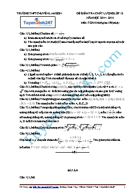 Đề kiểm tra chất lượng môn Toán Lớp 12 - Năm học 2014-2015 - Trường THPT chuyên Chuyên Lam Sơn (Có đáp án)